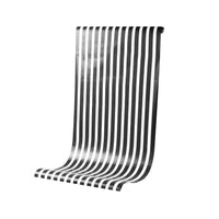 Rolled black and white striped paper table runner standing upright against a clean white background.