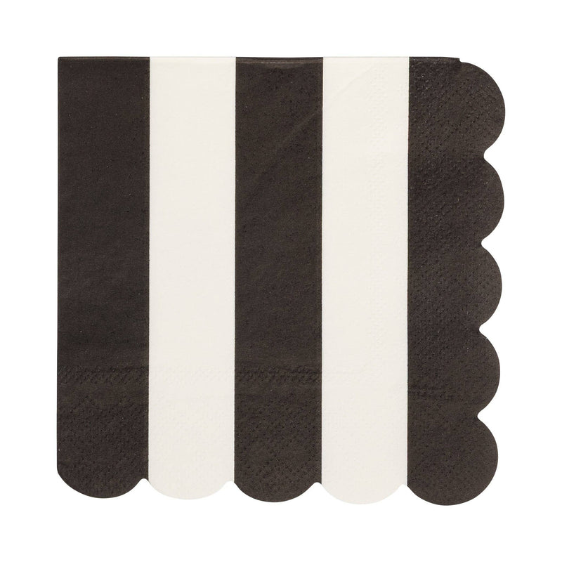 Single black and cream bold striped cocktail napkin with scalloped edges on white background