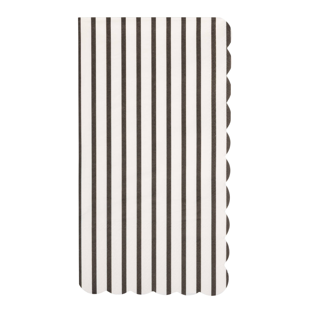 Single rectangular black and white thin striped paper guest towel with scalloped edges on white background