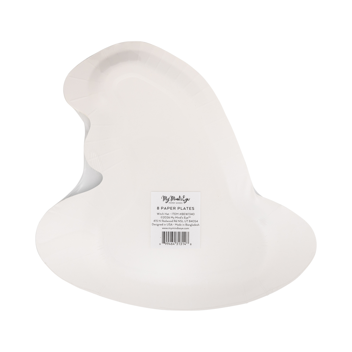 Back view of witch paper plate on a white background.