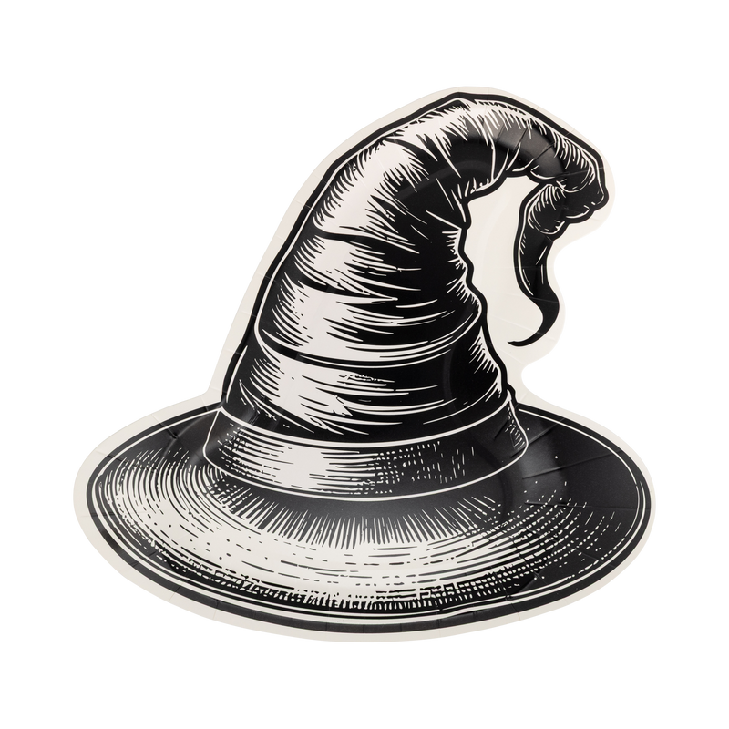 Top shot of a single black witch hat–shaped paper plate on a white background, showing the full pointed-hat silhouette.