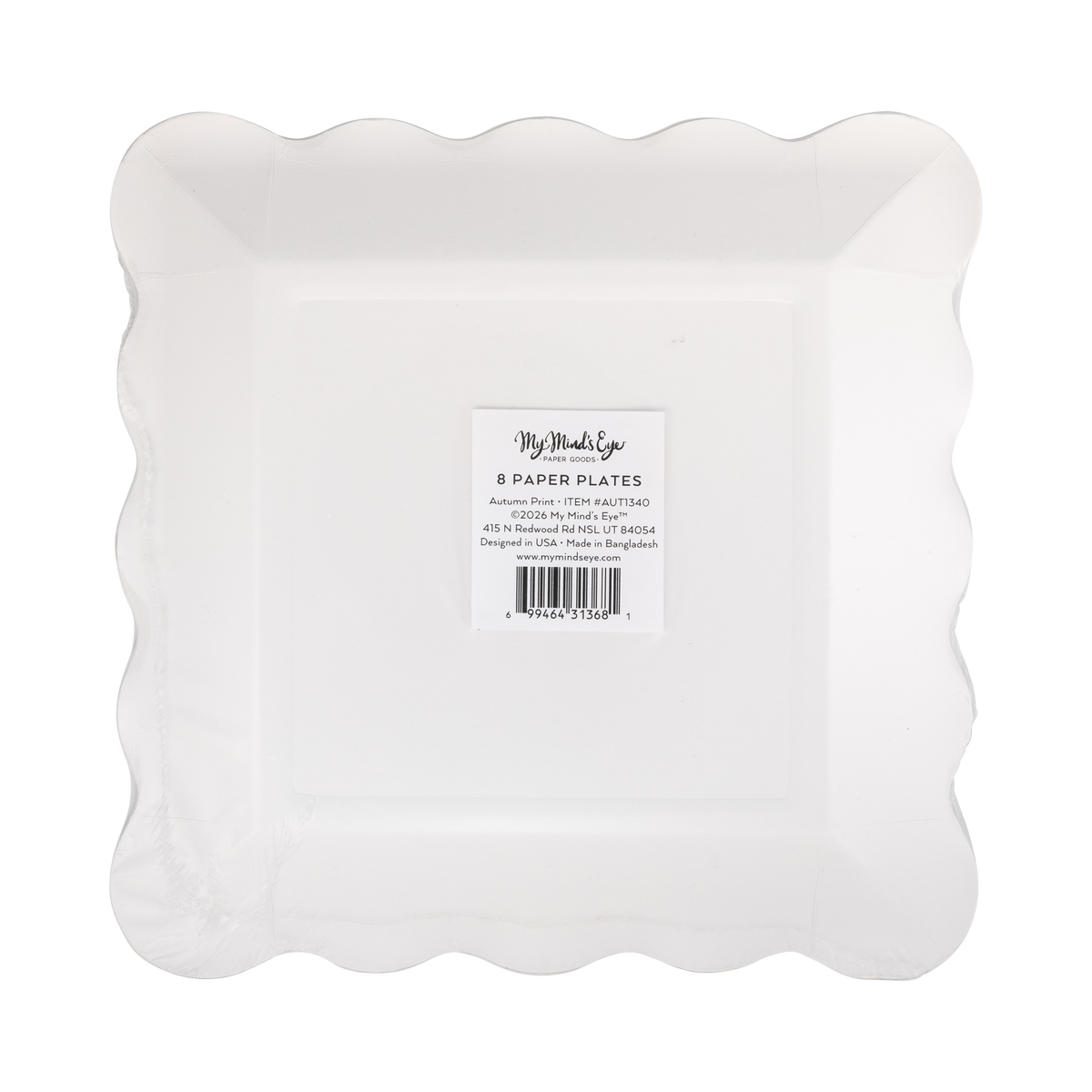 Packaging of the back of a paper plate with a scalloped edge on a clear wrap with a label.