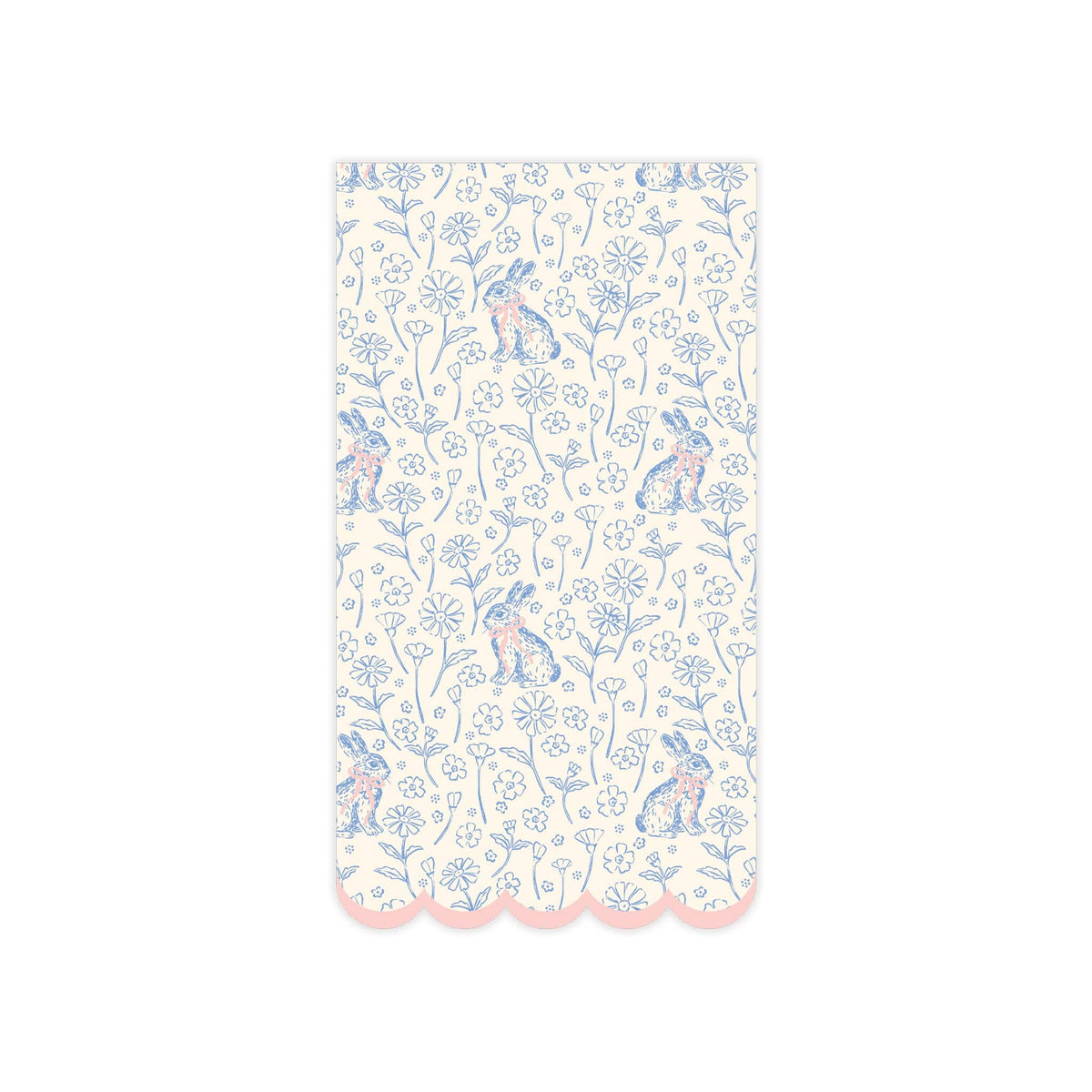 A single paper guest napkin featuring a blue and white floral bunny pattern with a pink scalloped edge.