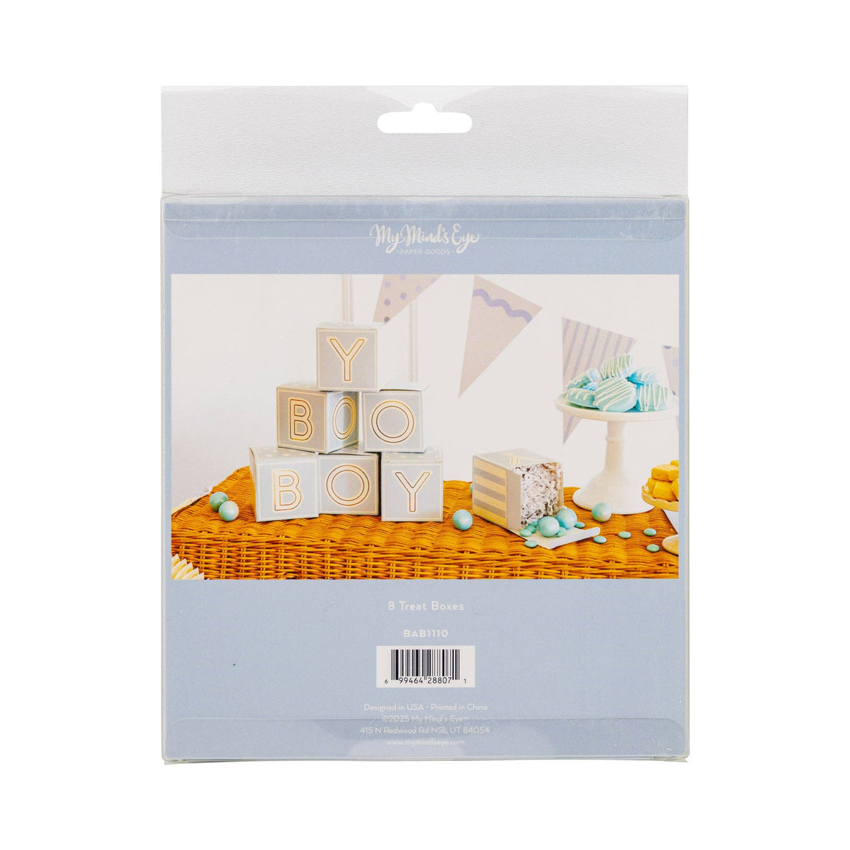 Back view of packaged blue baby block treat boxes shown in retail packaging