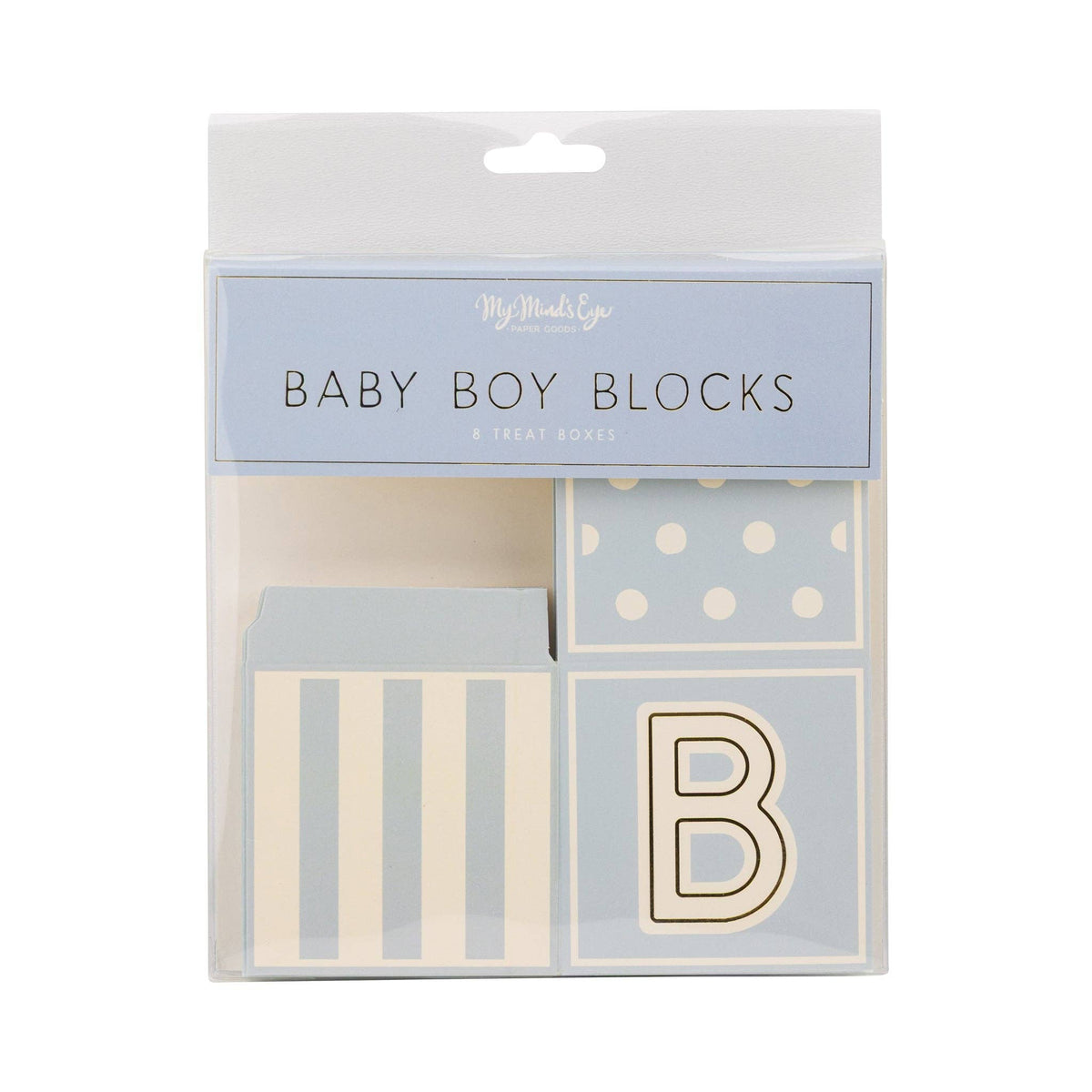 Packaged blue baby block treat boxes shown in retail packaging