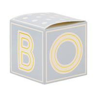 Blue baby block treat box with letter B and O on sides