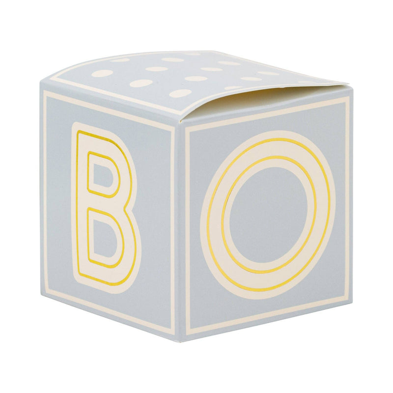 Blue baby block treat box with letter B and O on sides