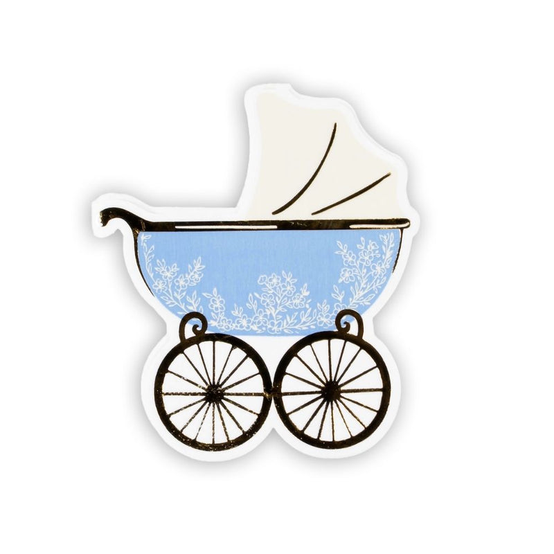 blue baby carriage napkin with gold wheels and floral detail
