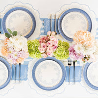 blue botanical plates bridal shower table overhead view