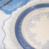 blue botanical plates bridal shower table closeup