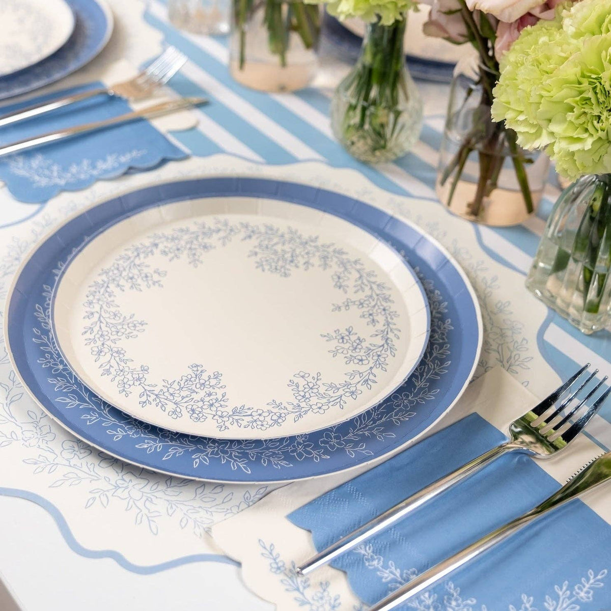 blue botanical plates bridal shower table
