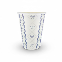 Single paper party cup with blue bow lattice and floral lace pattern