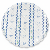 Single 10-inch paper dinner plate with blue bow lattice and scalloped edge