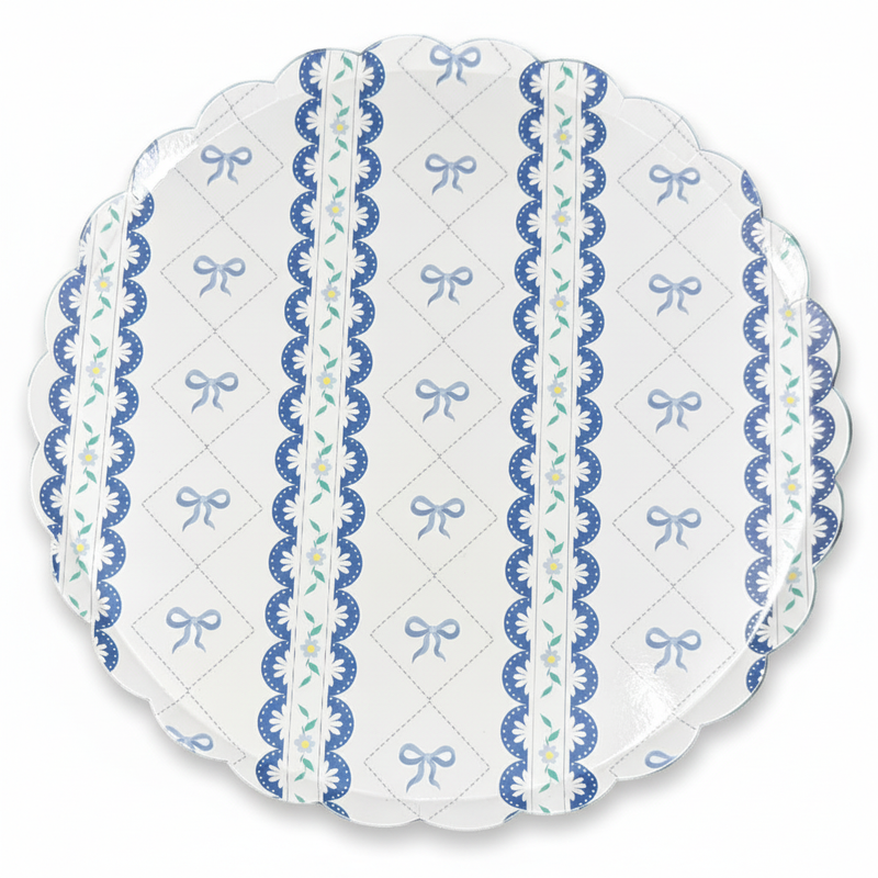 Single 10-inch paper dinner plate with blue bow lattice and scalloped edge