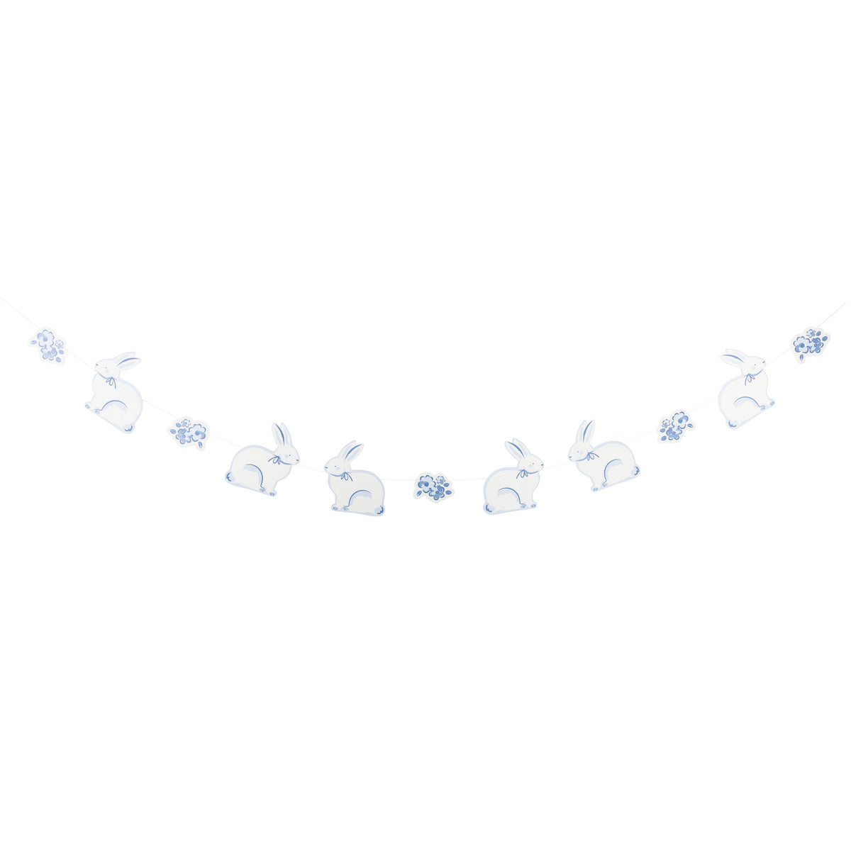 Blue bunny Easter banner with six bunny cutouts and floral accents on a string.