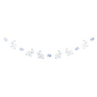 Blue bunny Easter banner with six bunny cutouts and floral accents on a string.