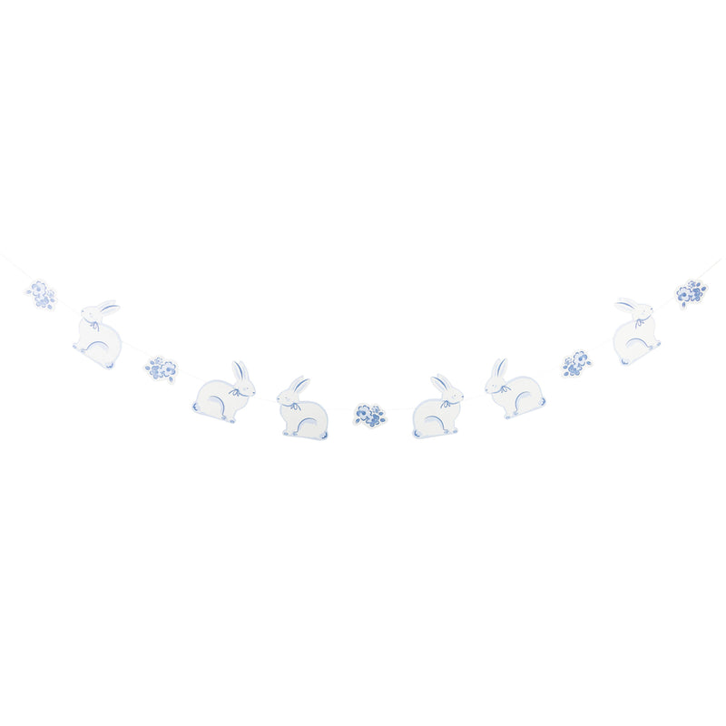 Blue bunny Easter banner with six bunny cutouts and floral accents on a string.