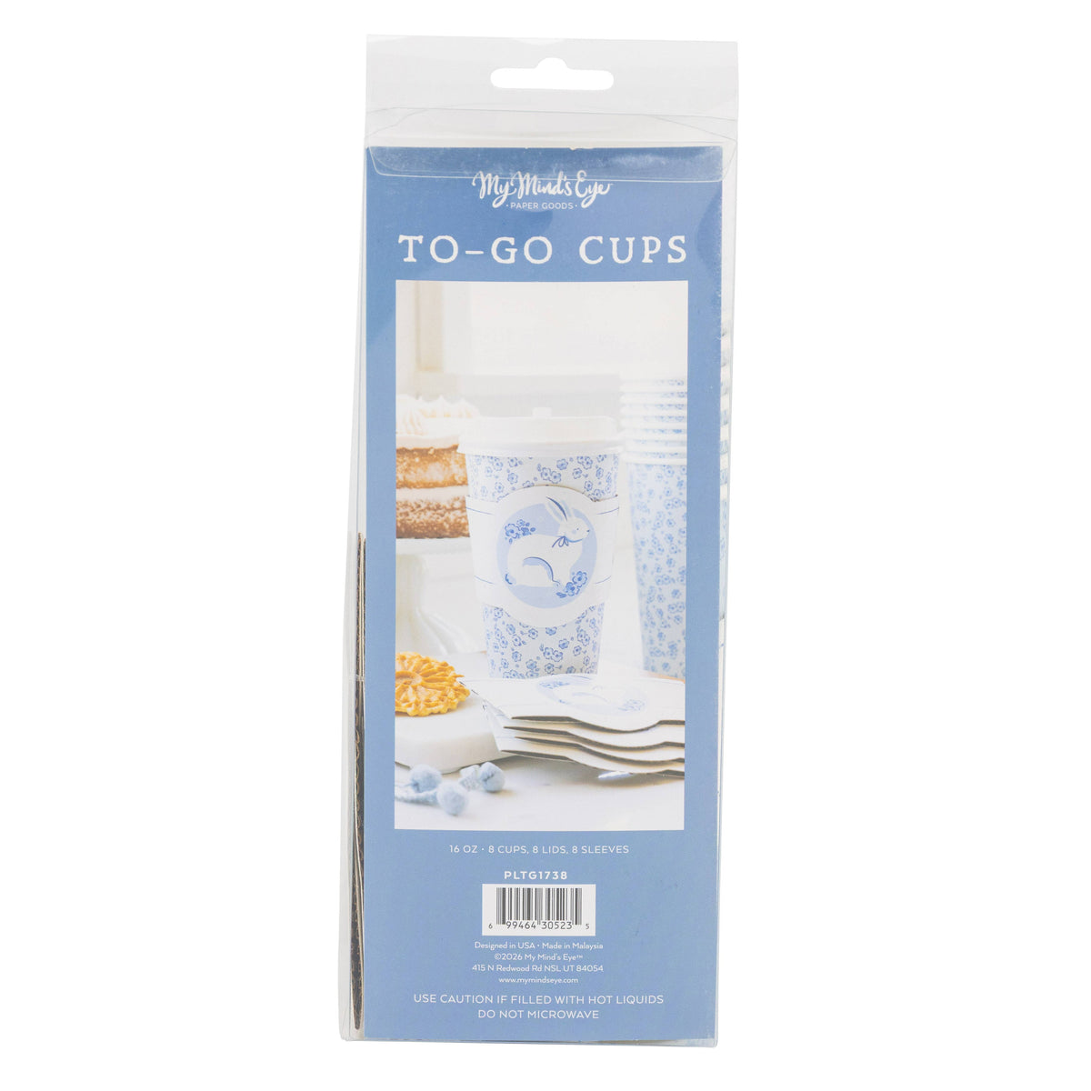The back of the My Mind's Eye packaging for 8 blue bunny to-go cups showing product details, 16 oz size, and the included 8 cups, lids, and sleeves.