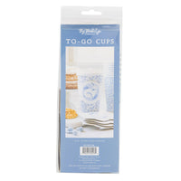 The back of the My Mind's Eye packaging for 8 blue bunny to-go cups showing product details, 16 oz size, and the included 8 cups, lids, and sleeves.