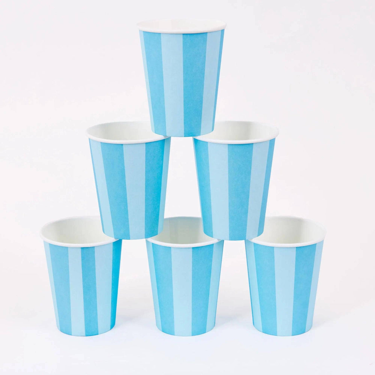 Six blue cabana stripe paper party cups stacked in a pyramid on a white background.