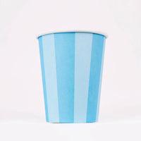 Blue two-tone cabana stripe paper party cup, front view, on a white background.