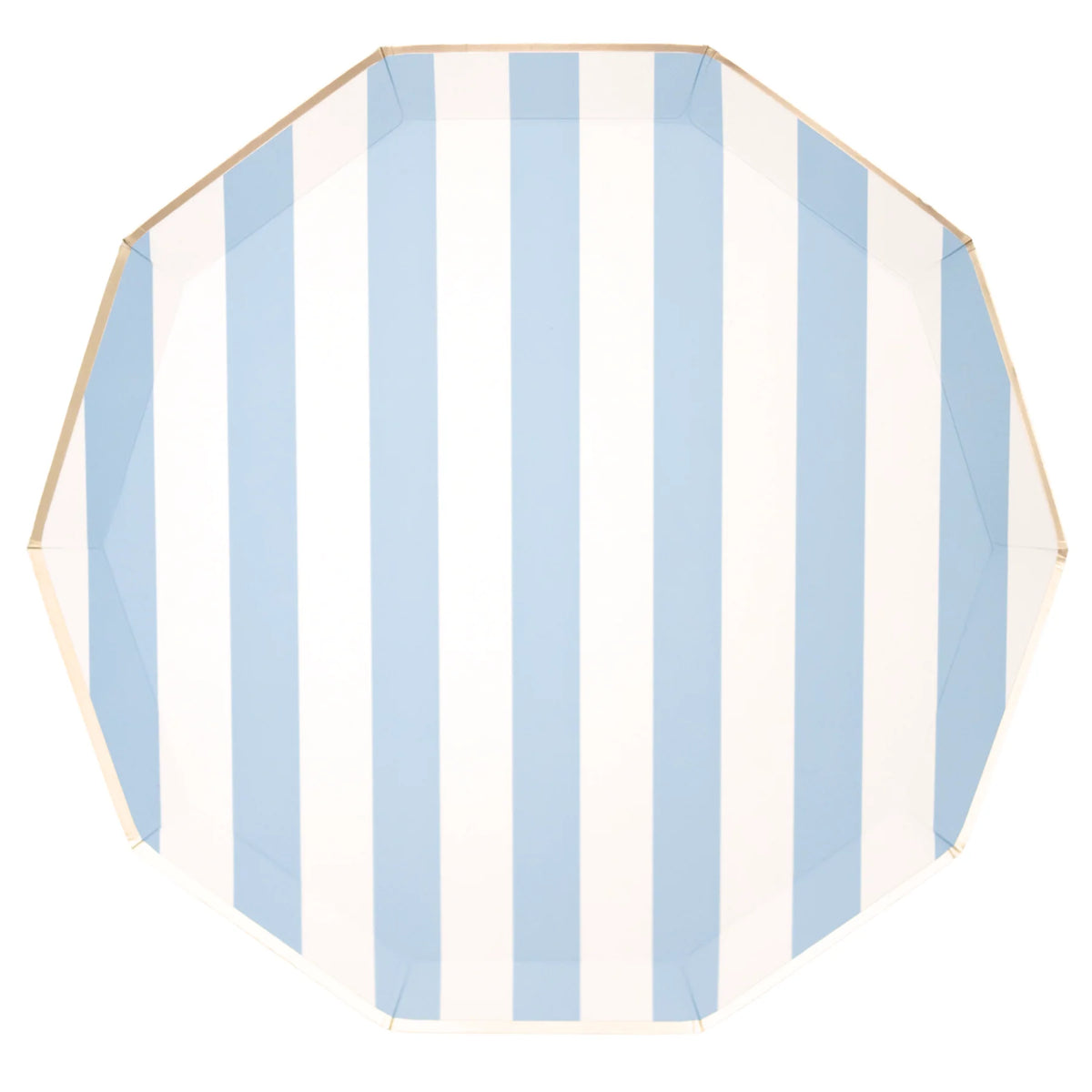 Single blue cabana stripe paper dinner plate on a white background showing the sky blue and white vertical stripes and gold foil decagonal edge