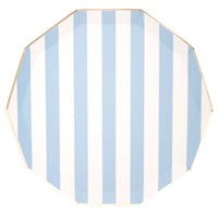 Single blue cabana stripe paper dinner plate on a white background showing the sky blue and white vertical stripes and gold foil decagonal edge