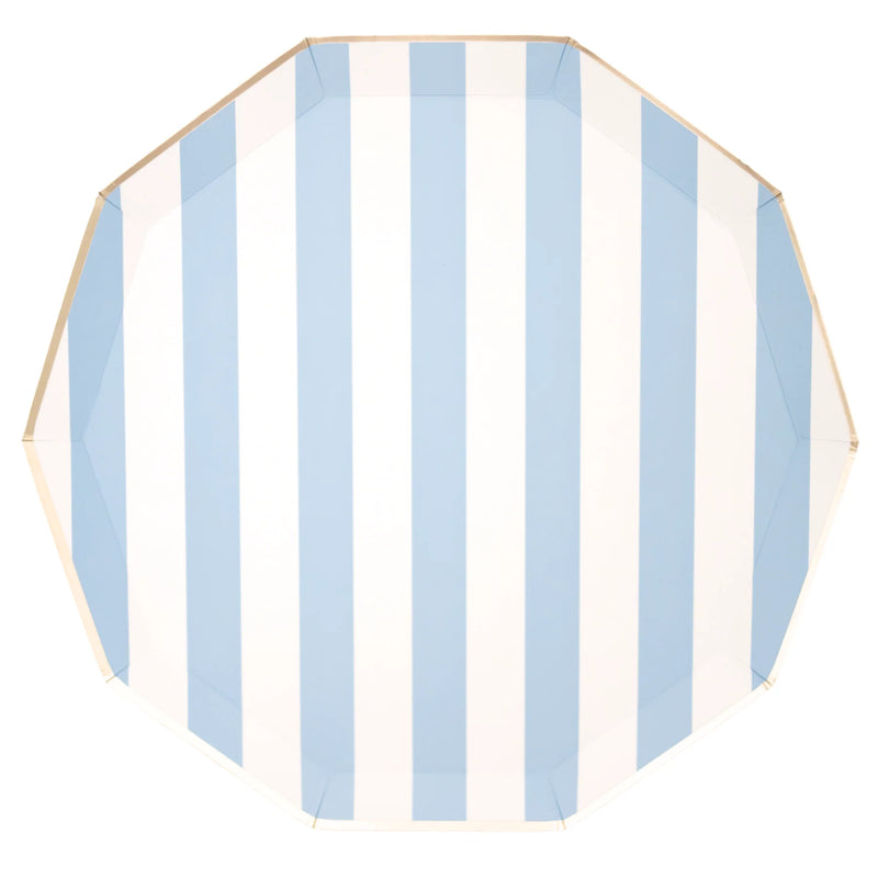 Single blue cabana stripe paper dinner plate on a white background showing the sky blue and white vertical stripes and gold foil decagonal edge