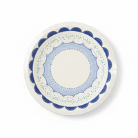 Single 8-inch paper dessert plate with a blue lace border and floral accents