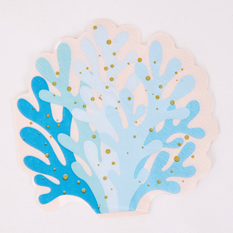 Single blue coral shaped paper cocktail napkin with three shades of blue and gold foil speckled accents.