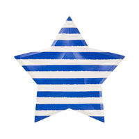 Single blue and cream striped star shaped paper plate laid flat showing hand-painted horizontal blue stripes on a cream background