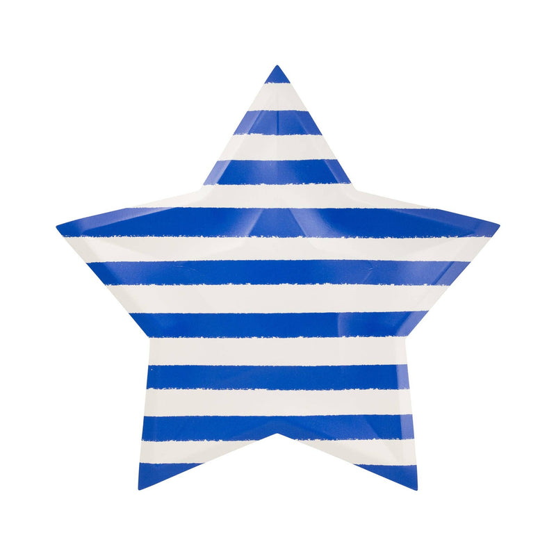 Single blue and cream striped star shaped paper plate laid flat showing hand-painted horizontal blue stripes on a cream background