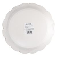 Back of blue ditsy floral scalloped paper plate showing cream base and product label — 8 count, 9" size
