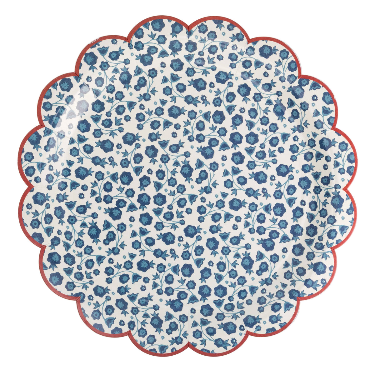 Single blue ditsy floral scalloped paper plate showing indigo floral pattern on cream base with red scalloped rim on white background