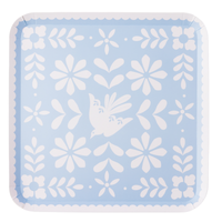 light blue fiesta paper plate with bird and floral folk design
