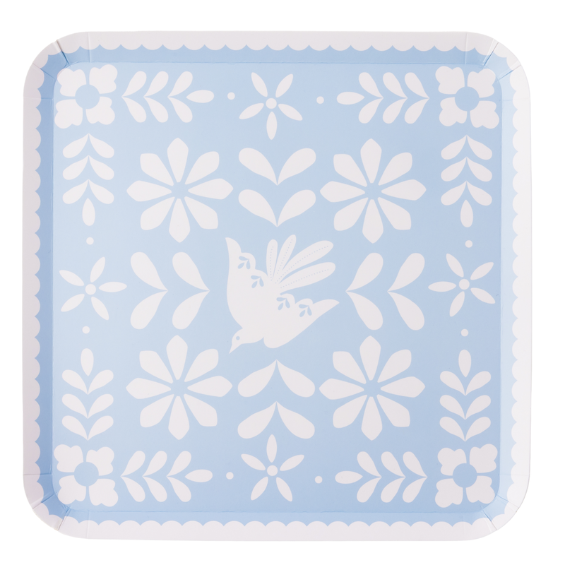 light blue fiesta paper plate with bird and floral folk design

