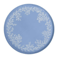 Blue floral dinner plate with dusty blue border and white botanical wreath.
