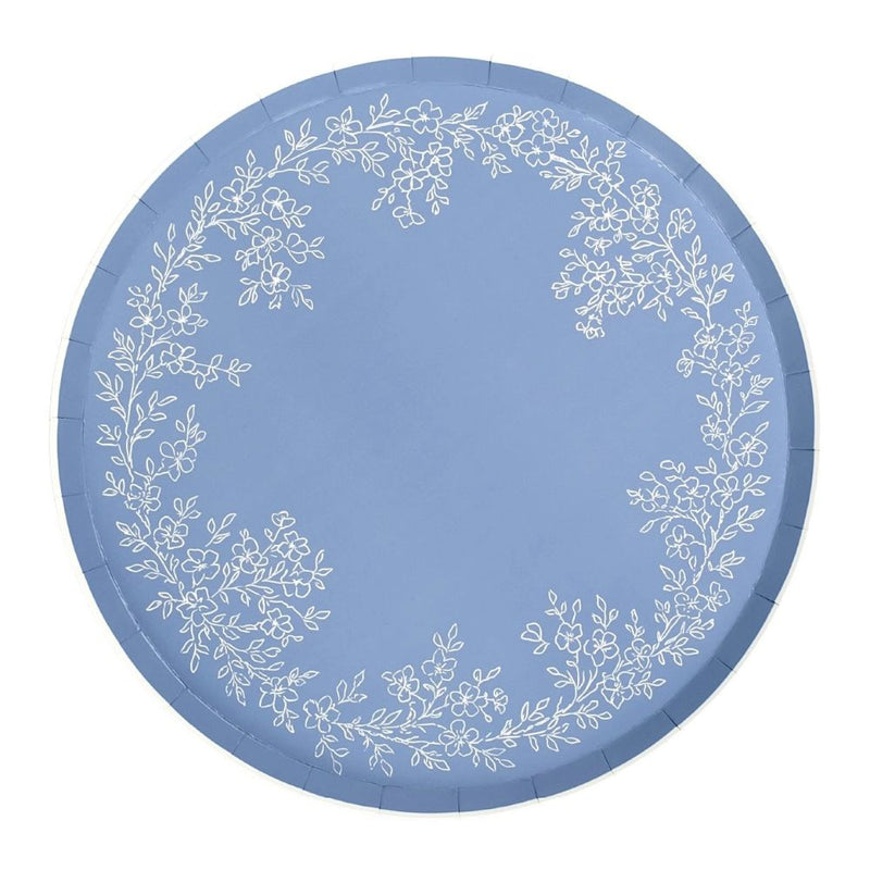 Blue floral dinner plate with dusty blue border and white botanical wreath.
