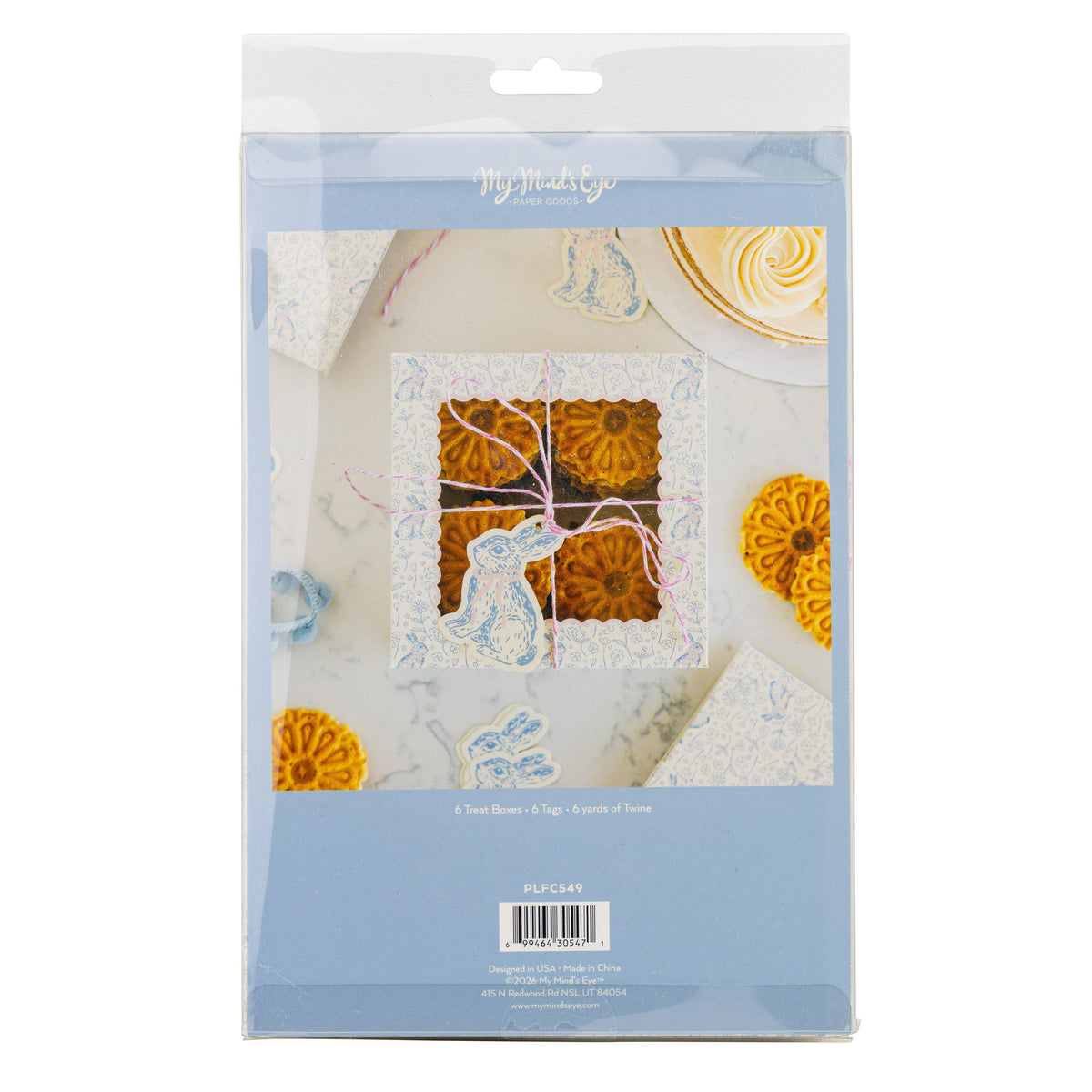 The back of the My Mind's Eye retail packaging for 6 floral treat boxes, showing the windowed design and included tags and twine.