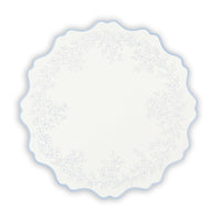 blue floral scalloped placemat with botanical wreath design.