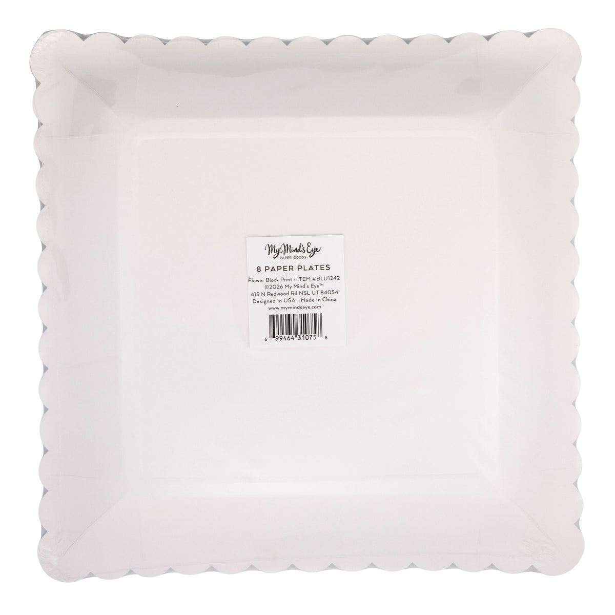 Back view of square Easter paper plates showing packaging label and plate shape.