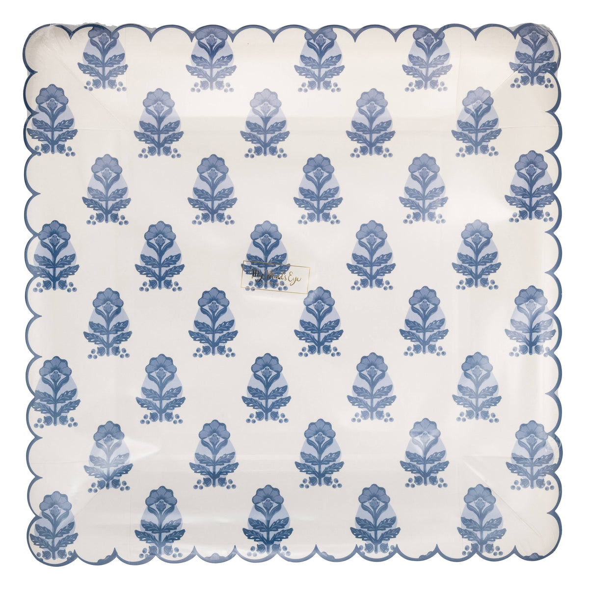 Packaged blue flower block print square paper plates with scalloped edges.