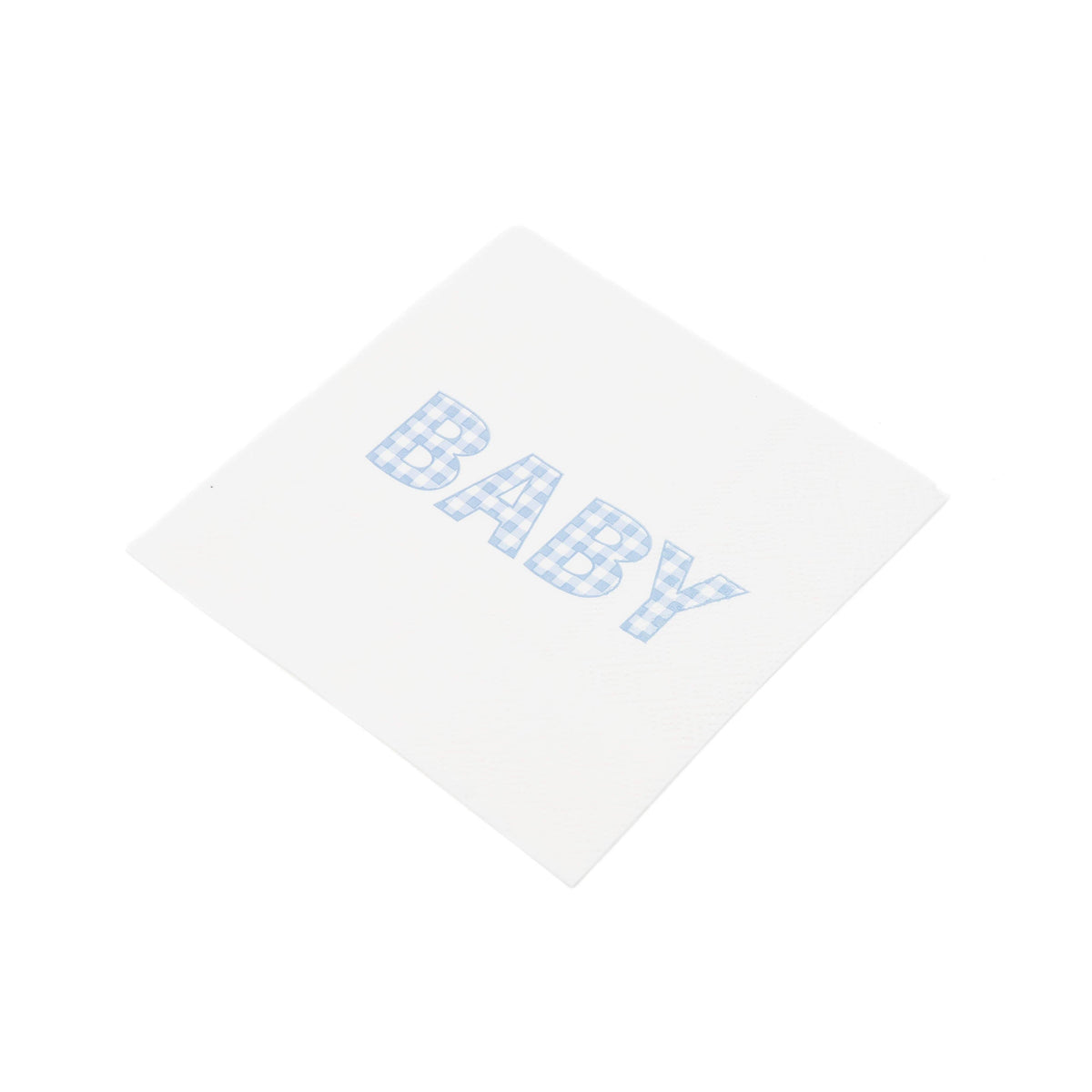 Blue gingham BABY paper cocktail napkin at an angle on white, showing the square folded size