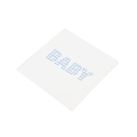 Blue gingham BABY paper cocktail napkin at an angle on white, showing the square folded size