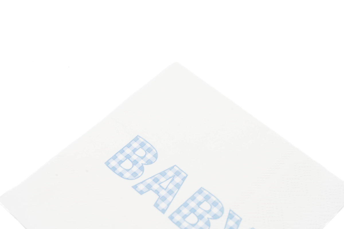 Close crop of the corner of a blue gingham BABY paper napkin showing the check print detail