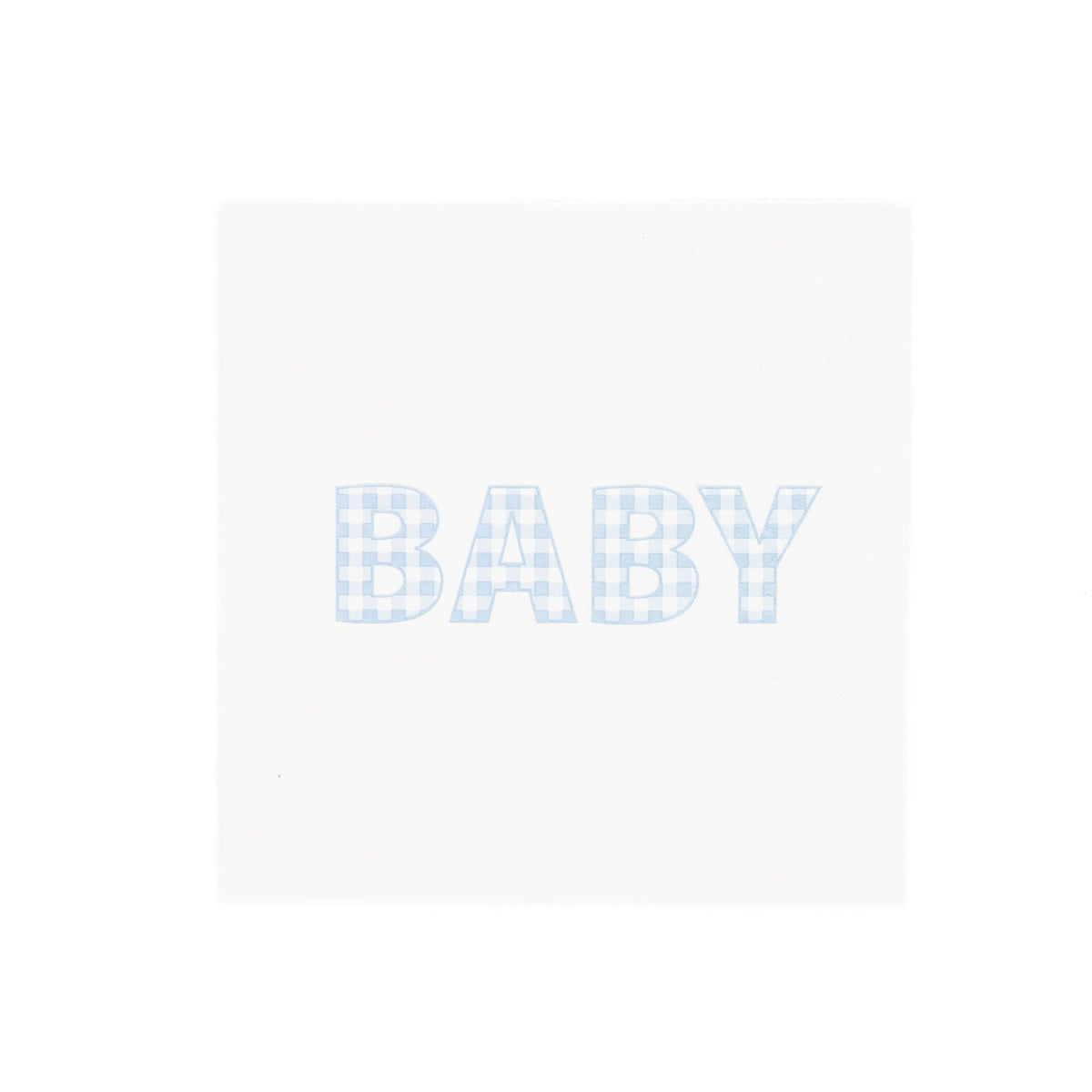 Blue gingham BABY paper cocktail napkin, white square napkin with baby spelled in soft blue gingham letters