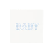 Blue gingham BABY paper cocktail napkin, white square napkin with baby spelled in soft blue gingham letters