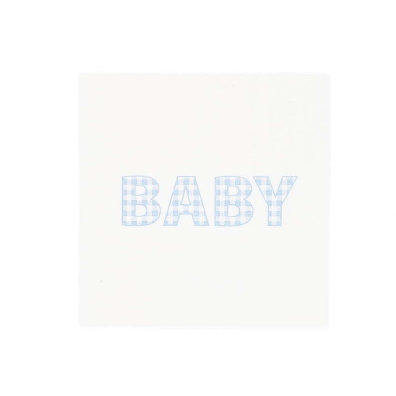 Blue gingham BABY paper cocktail napkin, white square napkin with baby spelled in soft blue gingham letters
