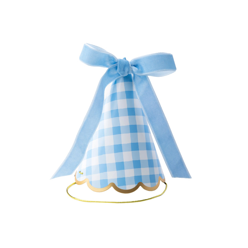 Sky blue gingham cone party hat with a blue satin bow, gold scalloped base, and gold elastic strap on a white background.