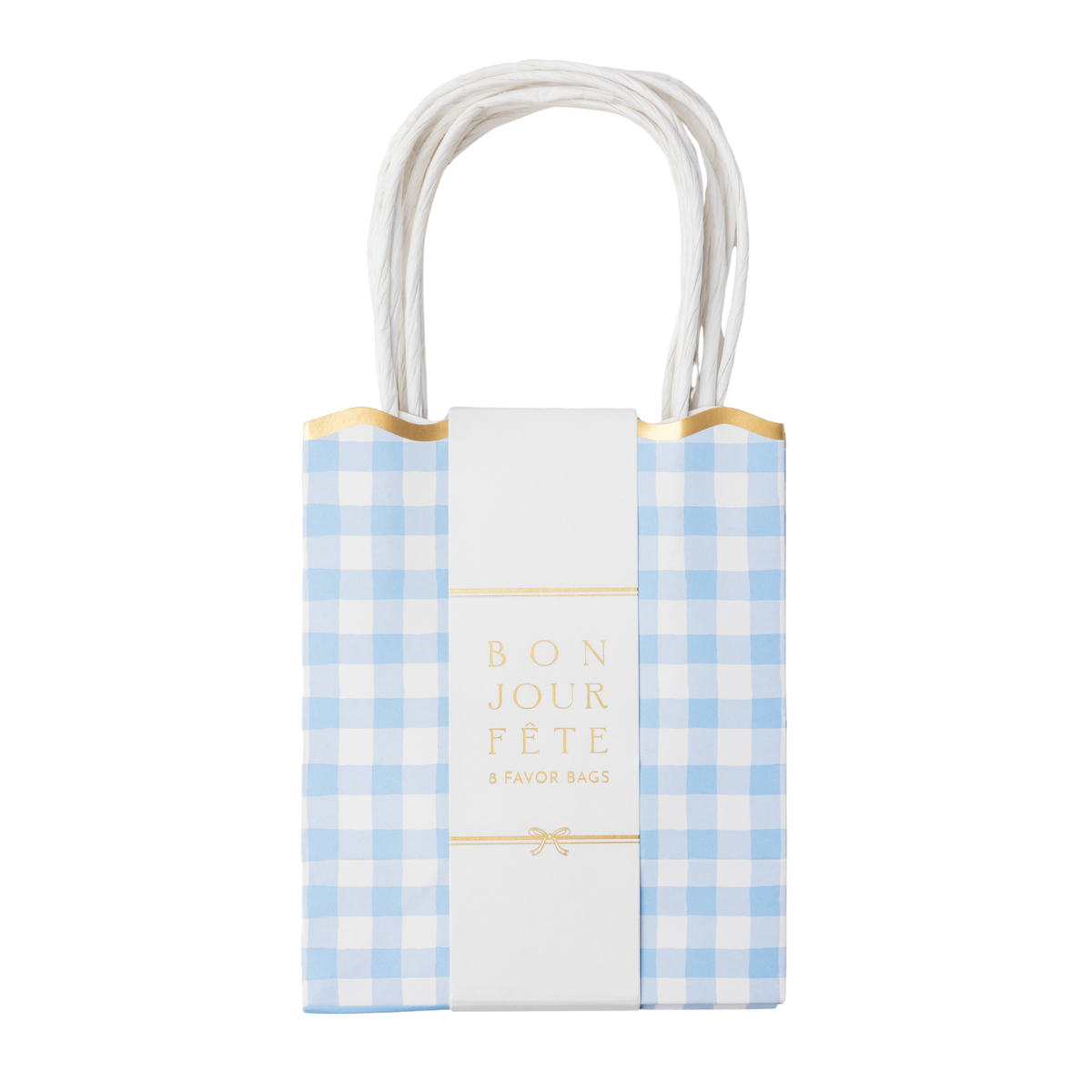 Pack of 8 blue gingham favor bags in a Bonjour Fête wrap band with gold foil detail